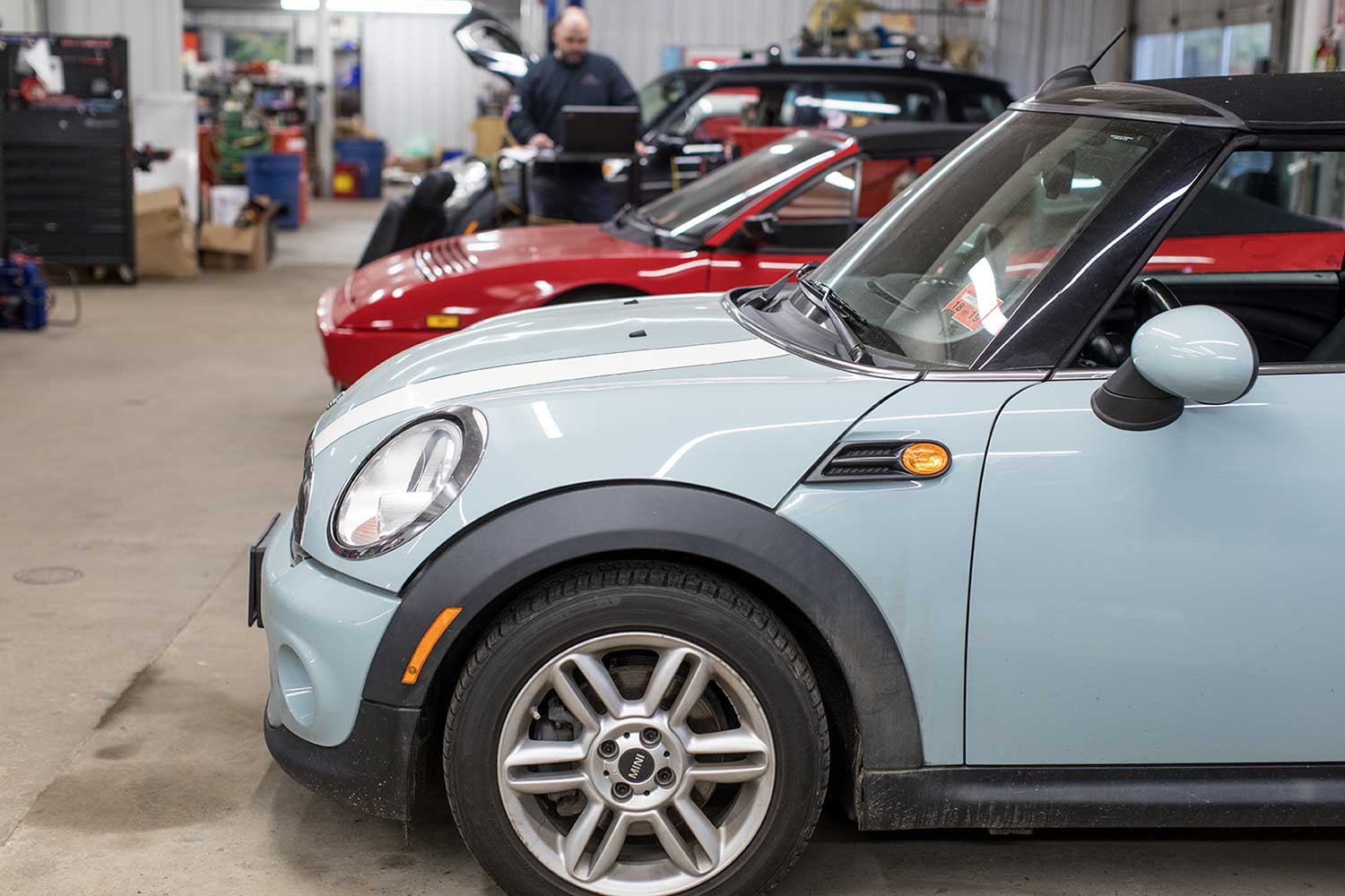Cars lined up in the EAS shop